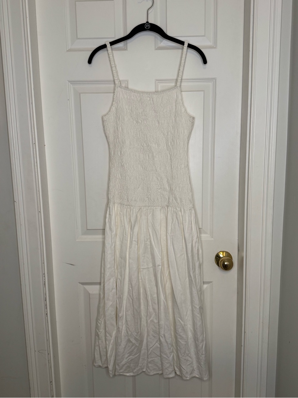New Linen Blend Dress Smocked Dropped Waist Size Medium Ivory Cream - Picture 5 of 11